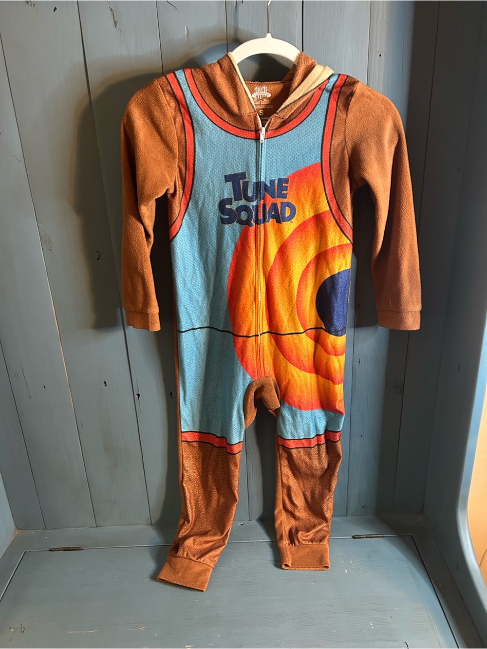 Tune Squad Kids Small One-Piece Full Bodysuit - Brown & Blue Hooded Romper - Taz